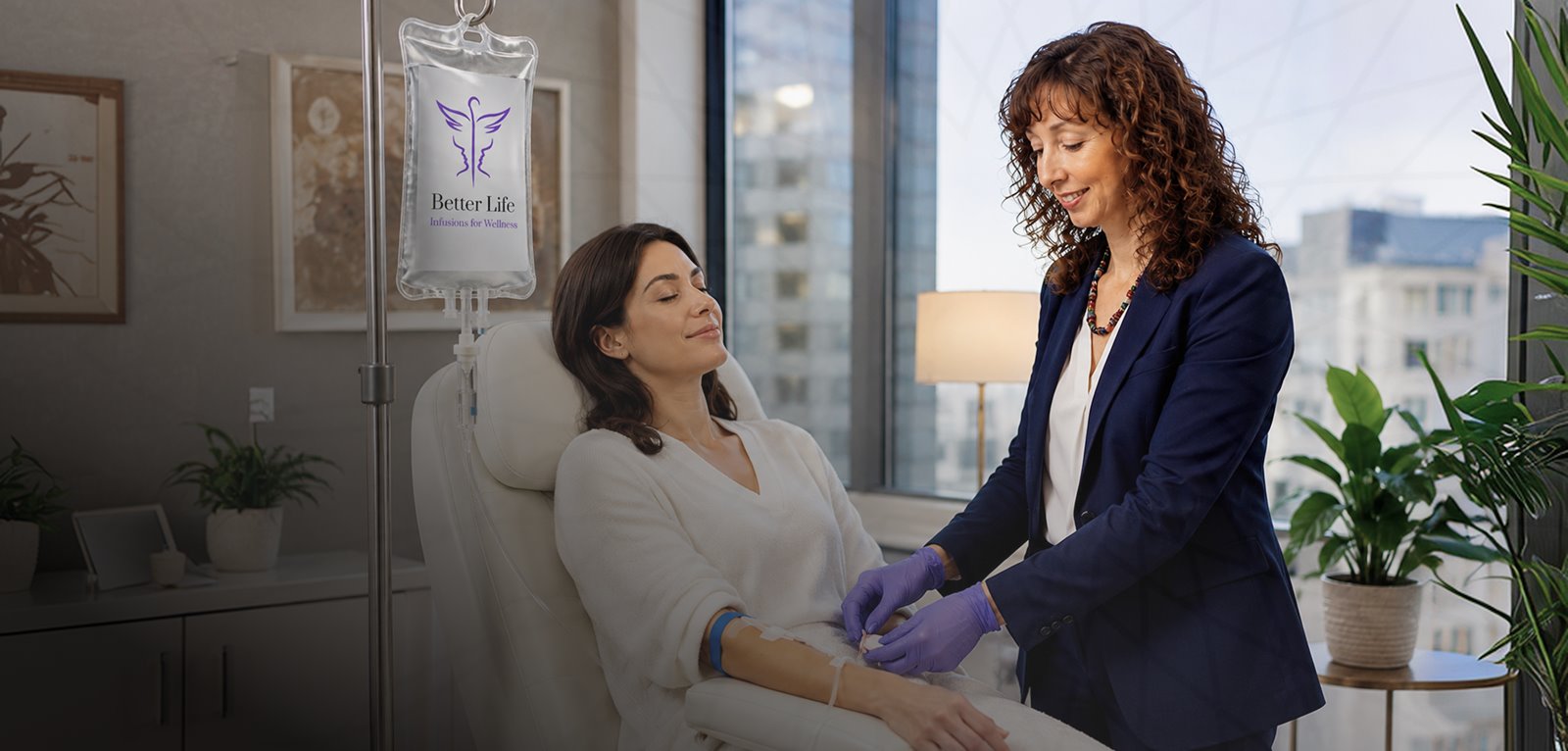 A Better Life Infusions nurse starting an IV for a client in the wellness lounge