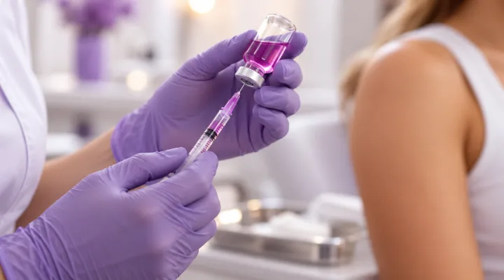 A nurse&rsquo;s gloved hands drawing a vitamin B12 dose from a vial before an injection