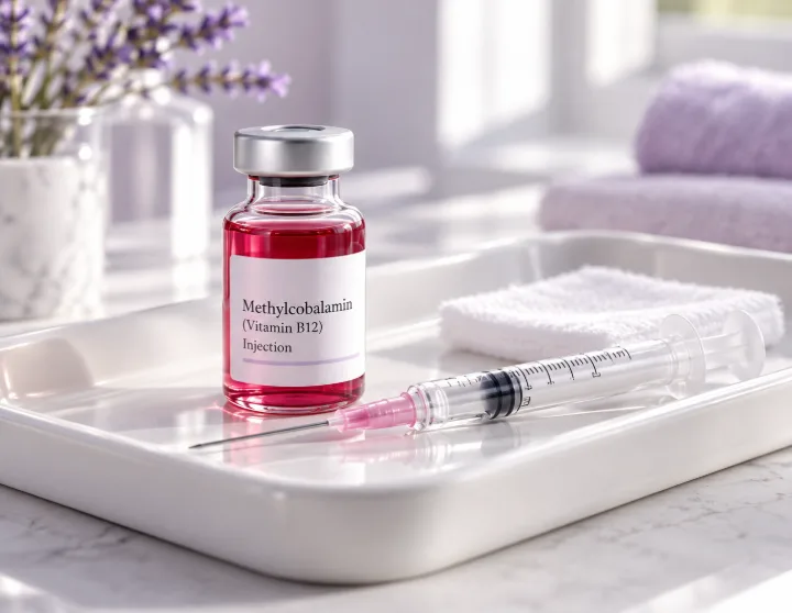 A labelled methylcobalamin vitamin B12 vial beside a sterile syringe on a white clinical tray