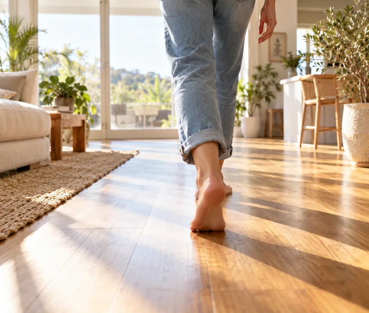 An adult walking barefoot and comfortably across a sunlit wooden floor at home after neuropathy IV therapy