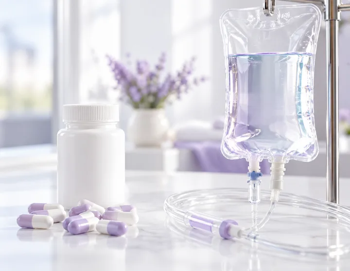 Pain-relief capsules and a pill bottle beside an IV bag with tubing, comparing oral medication with IV delivery