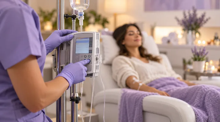 A nurse&rsquo;s gloved hands setting an infusion pump while a client rests comfortably behind
