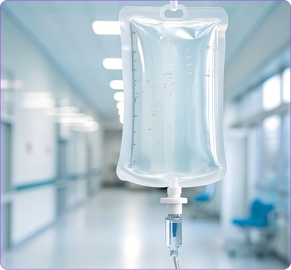 An intravenous infusion bag hanging in the Better Life Infusions clinic