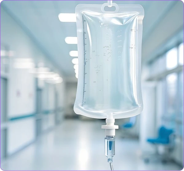 An intravenous infusion bag hanging in the Better Life Infusions clinic