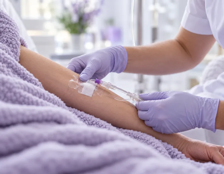 A nurse&rsquo;s gloved hands securing an IV line on a client&rsquo;s forearm during a DMSO infusion