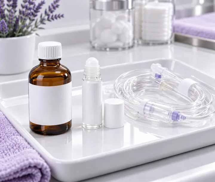 An amber bottle of oral DMSO, a topical roll-on applicator and a coiled IV line on a clean clinical tray