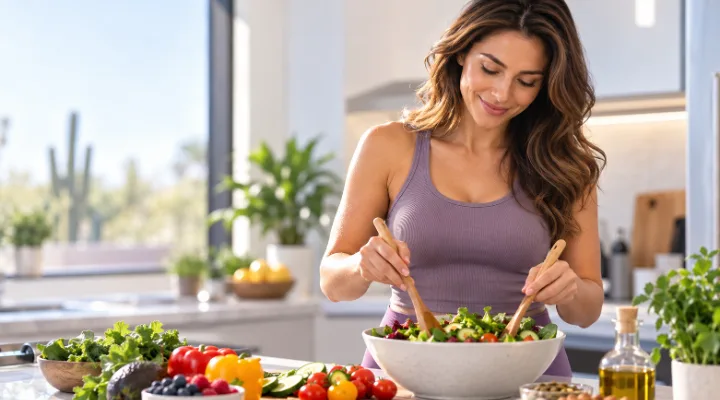 A woman tossing a fresh salad in a sunlit kitchen, looking healthy and radiant