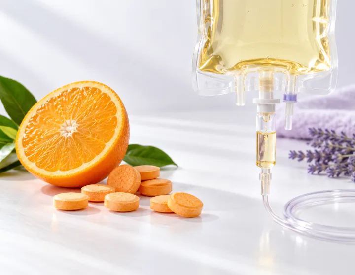 A halved orange and vitamin C tablets beside an IV bag of vitamin C solution, comparing oral supplements with IV delivery
