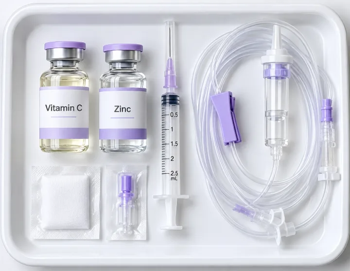 Labelled Vitamin C and Zinc vials with a syringe and IV line on a clean clinical tray
