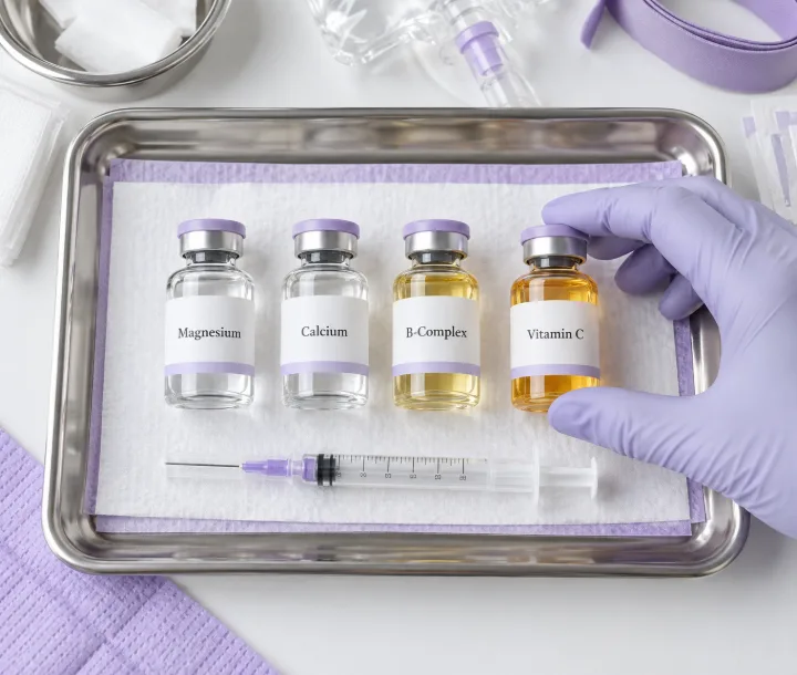 Labelled magnesium, calcium, B-complex and vitamin C vials on a clinical tray for a Myers cocktail infusion