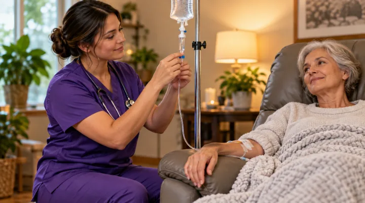 A registered nurse in purple scrubs checking the flow rate on a client&rsquo;s IV line during a Life Boost infusion