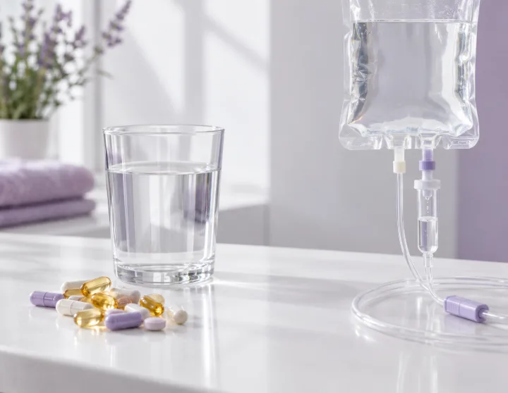 A glass of water and vitamin capsules beside an IV bag, comparing oral supplements with IV hydration