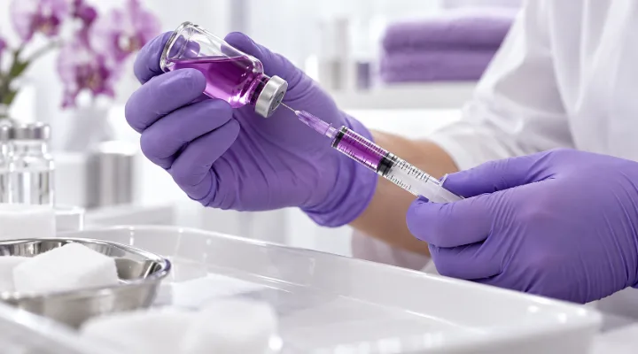 A nurse&rsquo;s gloved hands drawing a MIC B12 lipotropic solution into a syringe