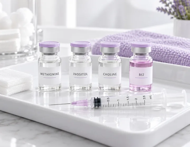 Methionine, inositol, choline and B12 vials with a syringe on a clean clinical tray