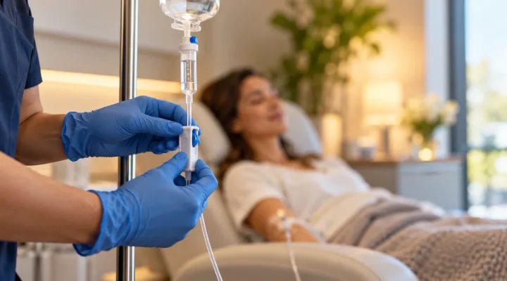 A nurse&rsquo;s gloved hands adjusting the drip rate on an NAD+ infusion line