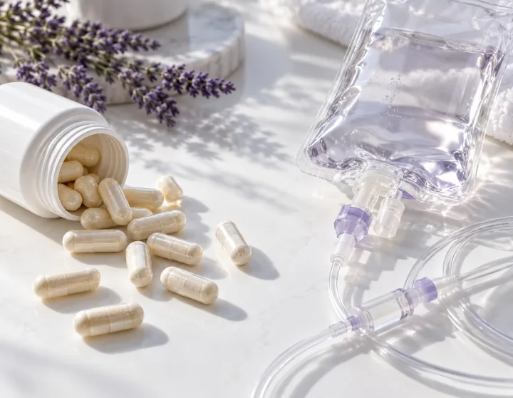 A spilled bottle of supplement capsules beside an IV bag, comparing oral NAD+ supplements with IV infusion
