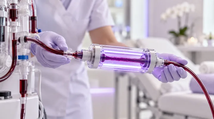 Blood passing through a glowing violet UVBI light chamber, steadied by a nurse&rsquo;s gloved hands