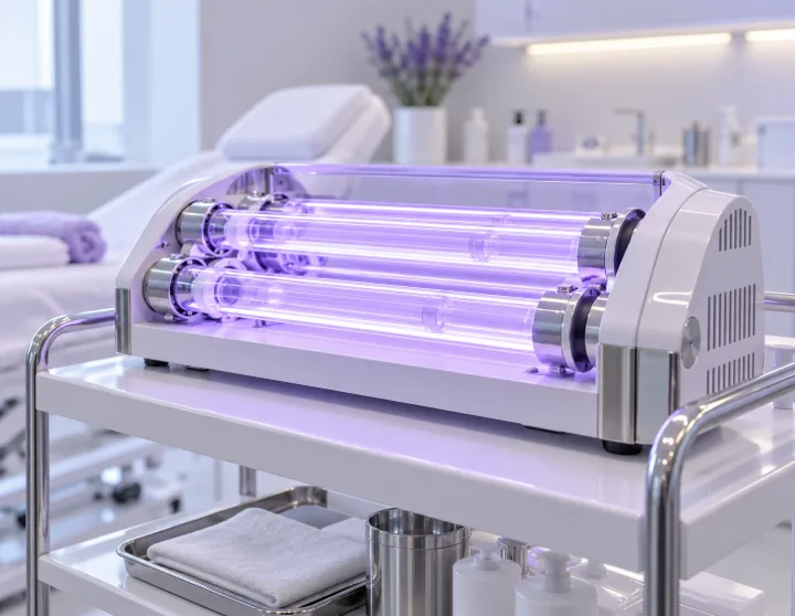 A medical-grade UVBI device with glowing quartz tubes on a clean clinical trolley