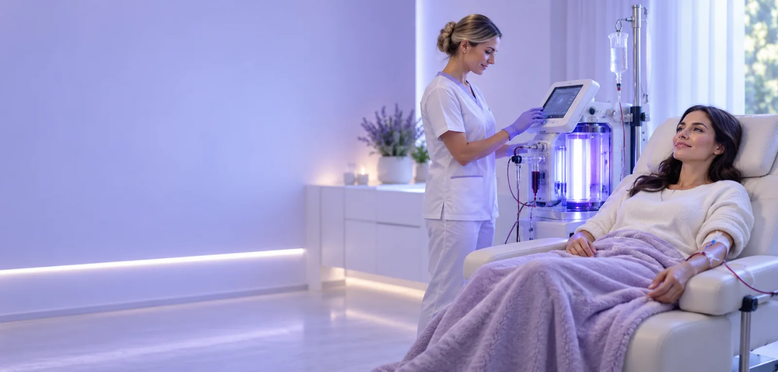 A client receiving UVBI therapy in Mesa, Arizona while a nurse monitors the ultraviolet blood irradiation device