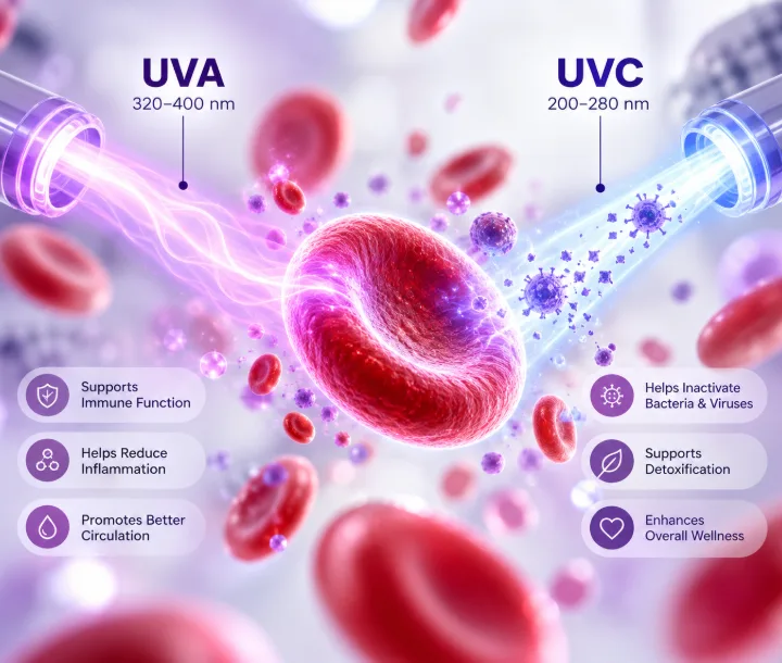 Diagram of UVA and UVC light wavelengths reaching a red blood cell during UVBI therapy