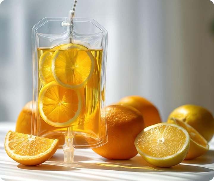 A vitamin infusion bag beside fresh citrus